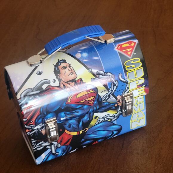 Superman Man of Steel Mini Lunch Box Tin Box DC Comics Blue Handle - Picture 3 of 7